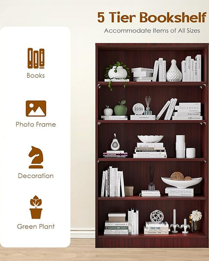 Soohow Mahogany Bookcase,Bookshelf for Bedroom,60 inches Tall Wood Book case Book Shelves,5 Shelf Book Shelves for Living Room Office - LeafyLoom