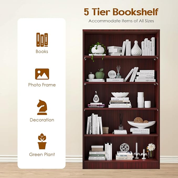 Soohow Mahogany Bookcase,Bookshelf for Bedroom,60 inches Tall Wood Book case Book Shelves,5 Shelf Book Shelves for Living Room Office - LeafyLoom