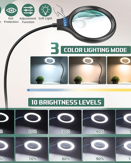 NZQXJXZ Large 2-in-1 Magnifying Glass with 72 LEDs Light and Stand 20X 10X Magnifying Lamp with Large Base and Clamp, 3 Color Modes and 10 Stepless Dimmable, Hands Free Desk Magnifier for Close Work - LeafyLoom