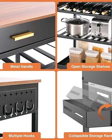 TOOLF Kitchen Island Cart with Drawer, Rolling Kitchen Service Cart with Wooden Tabletop, 3-Tier Storage Cart on Wheels, Storage Trolley Cart with Hooks for Kitchen, Dining Room - LeafyLoom