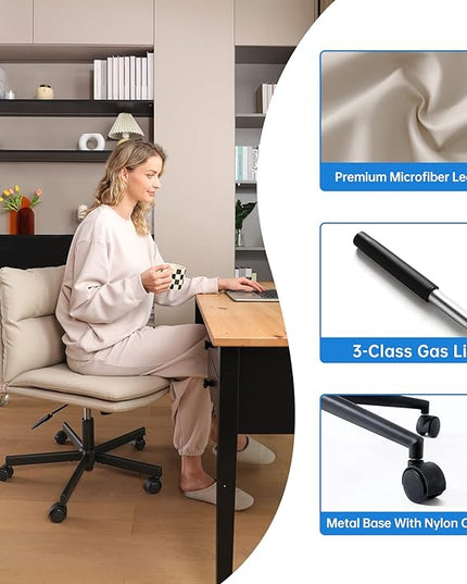 EMIAH Armless Office Desks Chair with Wheels PU-Padded Vanity Chair Mid-Back Ergonomic Home Office Computer Chair Comfortable Adjustable Swivel Task Chair with Thickened Cushion… - LeafyLoom