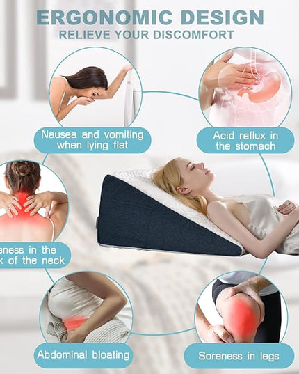 12" Bed Wedge Pillow with Cooling Memory Foam Top for Headboard, Triangle Pillow for Sleeping to Relieve Acid Reflux, Heartburn, Snoring and GERD, Reduce Neck and Back Pain - LeafyLoom