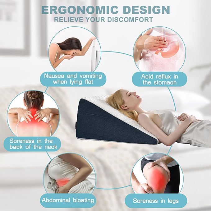12" Bed Wedge Pillow with Cooling Memory Foam Top for Headboard, Triangle Pillow for Sleeping to Relieve Acid Reflux, Heartburn, Snoring and GERD, Reduce Neck and Back Pain - LeafyLoom
