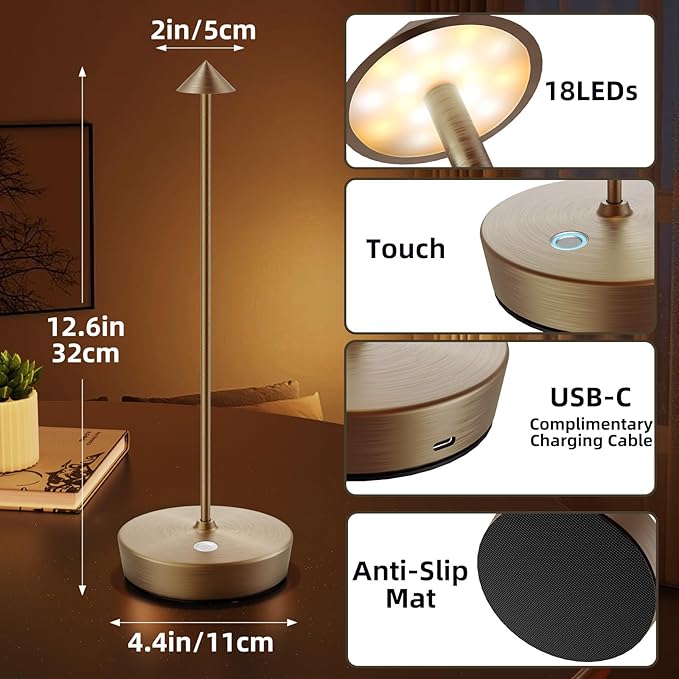 Cordless Rechargeable Table Lamp-Protable 6000mAh Battery Operated-Outdoor Waterproof Table Light-LED Touch Dimmable Desk Lamps-Patio Dining Restaurant Home Living Room Bronze - LeafyLoom