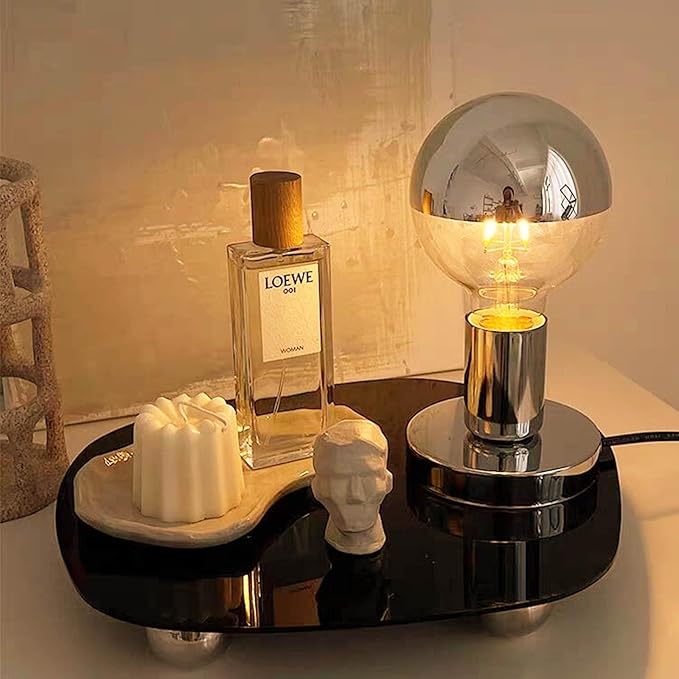 Simple Unique Lamp Base Only,Mini Bedside Table Lamp Bases,E26 Edison Light Bulb Stand Lamps for Small Spaces,Minimalist Desk Lamps Set w/ 5.8ft White Cord Switch Plug,No Bulb,Silver/Chrome,S - LeafyLoom