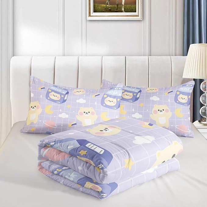 Bear Comforter Twin Size,Kawaii Comforter Set for Kids Teens Girls,3Pcs Bedding Set Printed Comforter with 2 Pillowcases,Down Alternative,Soft and Lightweight(Purple，Twin Size) - LeafyLoom