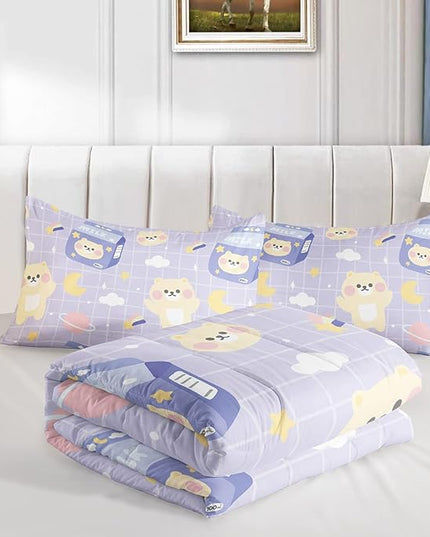 Bear Comforter King Size,Kawaii Comforter Set for Kids Teens Girls,3Pcs Bedding Set Printed Comforter with 2 Pillowcases,Down Alternative,Soft and Lightweight(Purple，King Size) - LeafyLoom