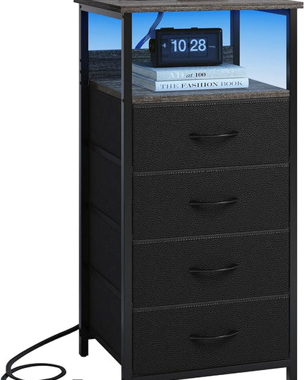 Fixwal Dressers for Bedroom Night Stand with Charging Station, LED Tall Nightstand with USB Ports and Outlets, 4 Fabric Storage Drawers with PU Finish, Small Dresser Bed Side Table, Charcoal Gray - LeafyLoom