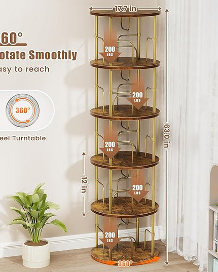 5 Tier Rotating Bookshelf, 360 ° Display Stackable Spinning Bookshelf Tower, Narrow Space Saving Tall Floor Standing Swivel Bookcase Corner Storage Organizer for Bedroom, Living Room, Gold - LeafyLoom