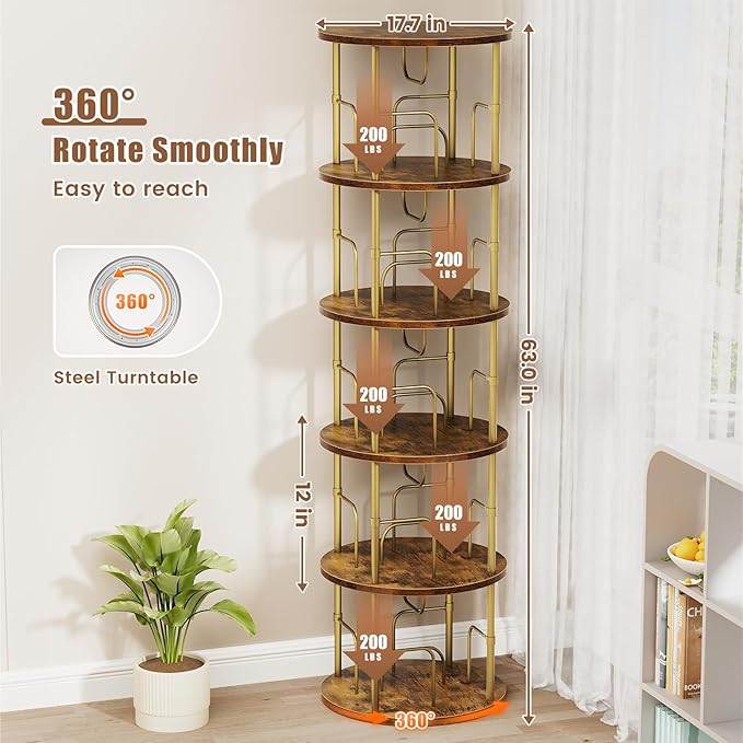 5 Tier Rotating Bookshelf, 360 ° Display Stackable Spinning Bookshelf Tower, Narrow Space Saving Tall Floor Standing Swivel Bookcase Corner Storage Organizer for Bedroom, Living Room, Gold - LeafyLoom