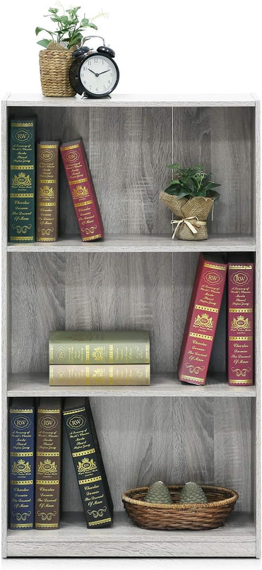 Furinno Basic 3-Tier Bookcase Storage Shelves, French Oak Grey - LeafyLoom
