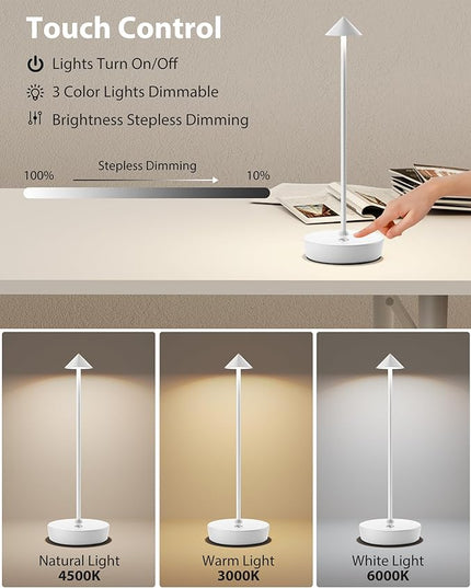 Cordless Table Lamps Rechargeable, 6000mAh Battery Operated LED Desk Lamp Outdoor Waterproof Portable Touch Dimmable Table Night Light for Patio Restaurant Dining Home White - LeafyLoom