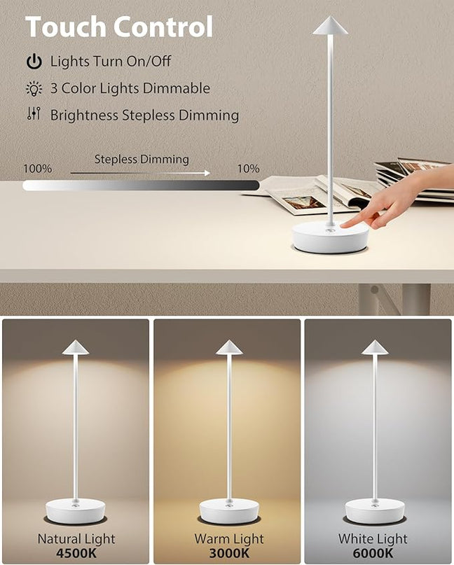 Cordless Table Lamps Rechargeable, 6000mAh Battery Operated LED Desk Lamp Outdoor Waterproof Portable Touch Dimmable Table Night Light for Patio Restaurant Dining Home White - LeafyLoom