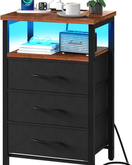 Yoobure Night Stand with Charging Station, 16 Colors LED Nightstand with USB Ports and Outlets, End Table with 3 Fabric Drawers and Storage Shelf, Bedside Tables Small Dresser for Small Space - LeafyLoom