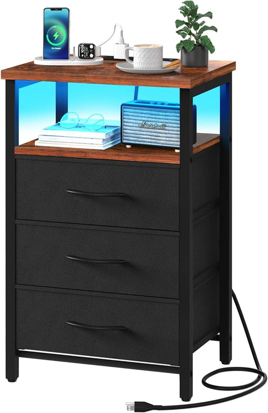 Yoobure Night Stand with Charging Station, 16 Colors LED Nightstand with USB Ports and Outlets, End Table with 3 Fabric Drawers and Storage Shelf, Bedside Tables Small Dresser for Small Space - LeafyLoom