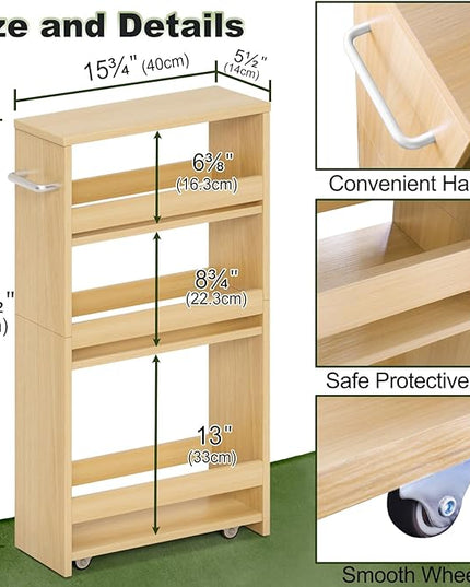 MARTY 4-Tier Rolling Storage Cart, Narrow Kitchen Cart with Wheels, Slim Storage Cart with Handle Slide Out Utility Cart Mobile Shelving Unit Laundry Bathroom Organizer (Maple) - LeafyLoom
