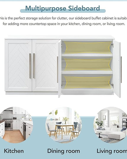 Wooden Sideboard with 4 Doors Large Storage Space,Buffet Cabinet,W/Adjustable Shelves and Silver Handles,Wear-Resistant Performance,for Kitchen,Dining Room,Hallway,White, 60" - LeafyLoom