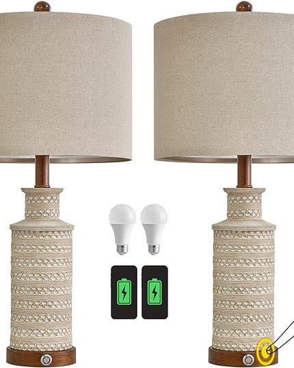 BOBOMOMO 24.5'' 3-Way Dimmable Touch Control Table Lamp Set of 2 with Dual USB Charging Ports for Bedroom Living Room Vintage Rustic Farmhouse Traditional Nightstand Bedside Lamps(Bulbs Included) - LeafyLoom