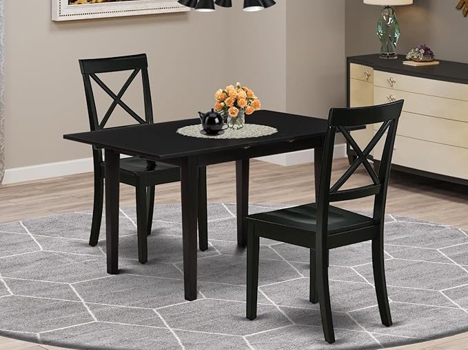 East West Furniture NOBO3-BLK-W 3 Piece Modern Set Contains a Rectangle Wooden Table with Butterfly Leaf and 2 Kitchen Dining Chairs, 32x54 Inch - LeafyLoom