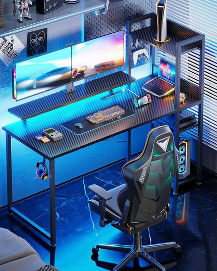 Gaming Desk with Power Outlets & Music Strip Lights,47In Reversible Computer Desk with Storages Shelves,Wooden Drawer& CPU Stand, PC Laptop Table with Large Monitor Stand for Home Office TREETALK
