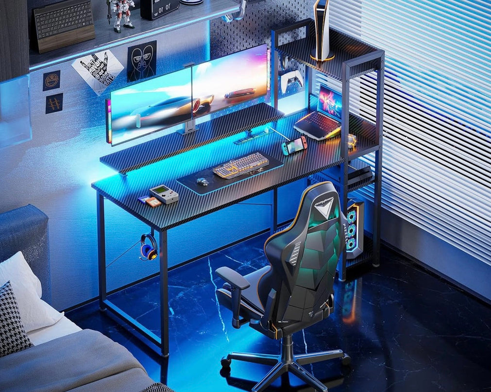 Gaming Desk with Power Outlets & Music Strip Lights,47In Reversible Computer Desk with Storages Shelves,Wooden Drawer& CPU Stand, PC Laptop Table with Large Monitor Stand for Home Office TREETALK
