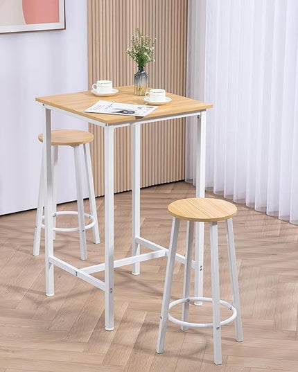 Finnhomy Bar Table Set, 23.6" Pub Table High Top Table, Square Bar Height Table, Bar Table with Stools, Kitchen Table Set for 2, Industrial Breakfast for Kitchen, Living Room, Oak Beige and White - LeafyLoom