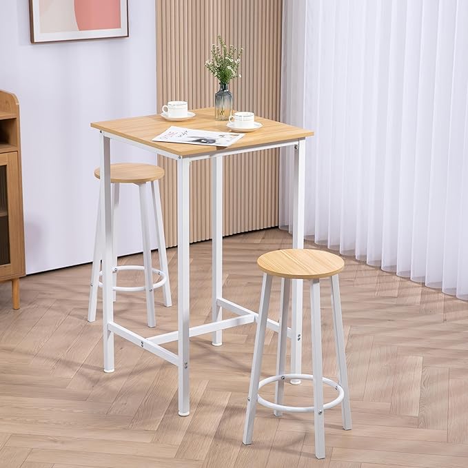 Finnhomy Bar Table Set, 23.6" Pub Table High Top Table, Square Bar Height Table, Bar Table with Stools, Kitchen Table Set for 2, Industrial Breakfast for Kitchen, Living Room, Oak Beige and White - LeafyLoom