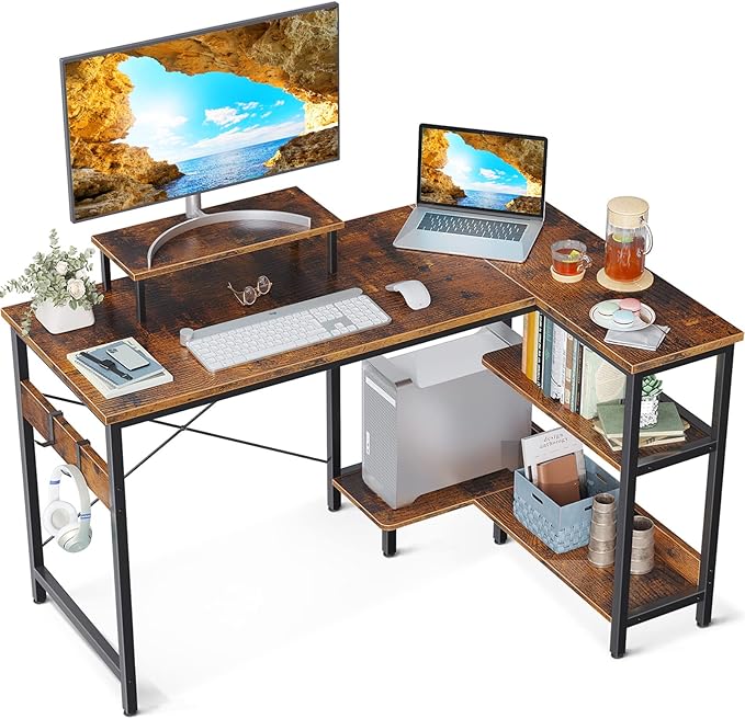 ODK 40 Inch Small L Shaped Computer Desk with Reversible Storage Shelves, Corner Desk with Monitor Stand for Small Space, Modern Simple Writing Study Table for Home Office, Rustic Brown - LeafyLoom