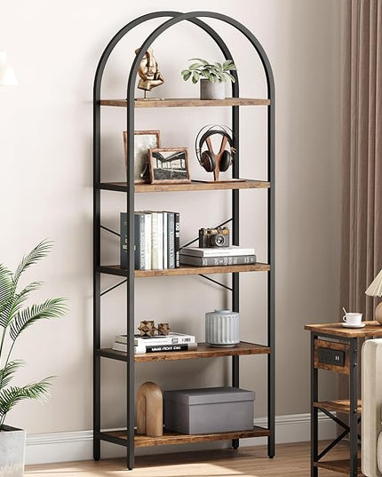 IDEALHOUSE Bookshelf 5 Tier Bookcase Arched Display Racks Tall Standing Bookshelves Metal Frame Rustic Storage Rack Shelf Brown Book Shelf for Bedroom, Living Room, Home Office, Rustic Brown - LeafyLoom