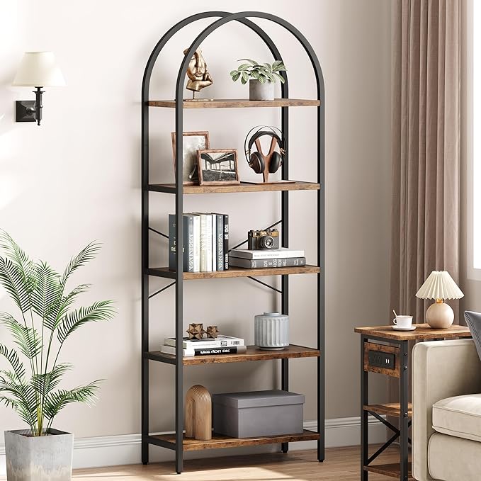 IDEALHOUSE Bookshelf 5 Tier Bookcase Arched Display Racks Tall Standing Bookshelves Metal Frame Rustic Storage Rack Shelf Brown Book Shelf for Bedroom, Living Room, Home Office, Rustic Brown - LeafyLoom