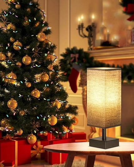 Black Small Table Lamp for Bedroom - Bedside Lamps for Nightstand, Minimalist Night Stand Light Lamp with Square Fabric Shade, Desk Reading Lamp for Kids Room Living Room Office - LeafyLoom