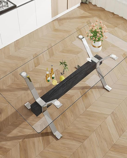 Rectangular Table with Tempered Glass Tabletop,Modern Dinner Desk W/Metal Tubular Legs, Home,Kitchen,Dining Room,Office,Silver, 79" Black Crossbars - LeafyLoom