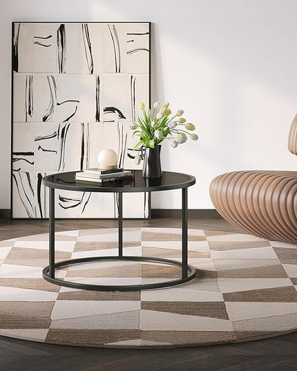 SAYGOER Black Glass Coffee Table Small Round Coffee Tables 27.6In Modern Tempered Glass-Top Accent Center Table for Living Room Home Office Small Space Easy Assembly - LeafyLoom