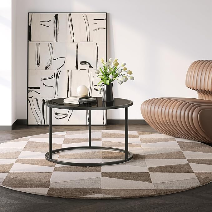 SAYGOER Black Glass Coffee Table Small Round Coffee Tables 27.6In Modern Tempered Glass-Top Accent Center Table for Living Room Home Office Small Space Easy Assembly - LeafyLoom