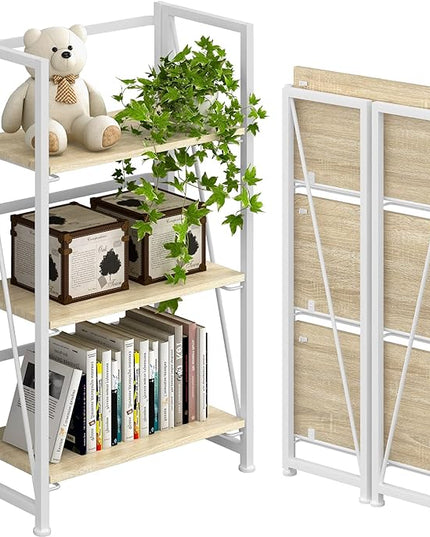 4NM No-Assembly Folding Bookshelf Storage Shelves 3 Tiers Vintage Bookcase Standing Racks Study Organizer Home Office (Natural and White) - LeafyLoom
