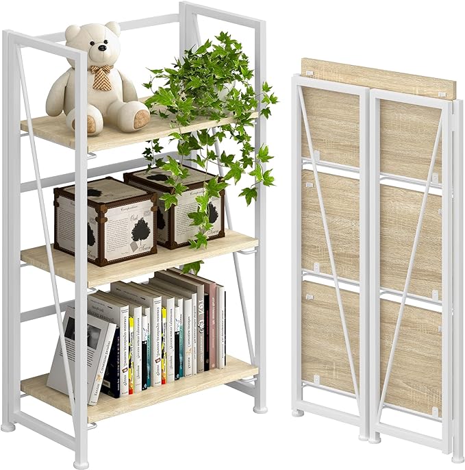 4NM No-Assembly Folding Bookshelf Storage Shelves 3 Tiers Vintage Bookcase Standing Racks Study Organizer Home Office (Natural and White) - LeafyLoom