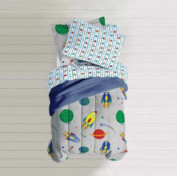 Dream Factory Space Rocket Ultra Soft Microfiber Comforter Set, Multi-Colored, Twin,2A745901MU - LeafyLoom