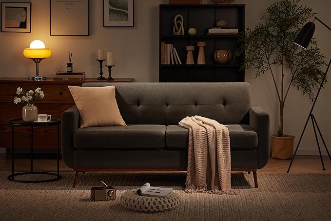 65" Loveseat Sofa, Mid Century Modern Love Seat Couches for Living Room, Comfy Upholstered Sofa Couch for Bedroom(Linen-Dark Grey) - LeafyLoom