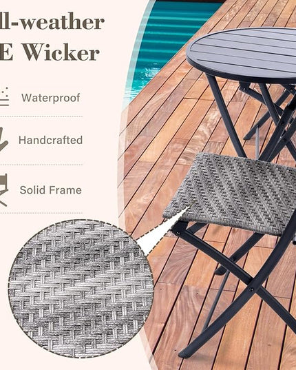 BACKYARD EXPRESSIONS PATIO · HOME · GARDEN 3 Pc 3 Piece Folding Outdoor Bistro, Wicker Furniture Table and Chairs for Garden, Backyard, Porch, Patio Conversation Set, Grey/Black - LeafyLoom