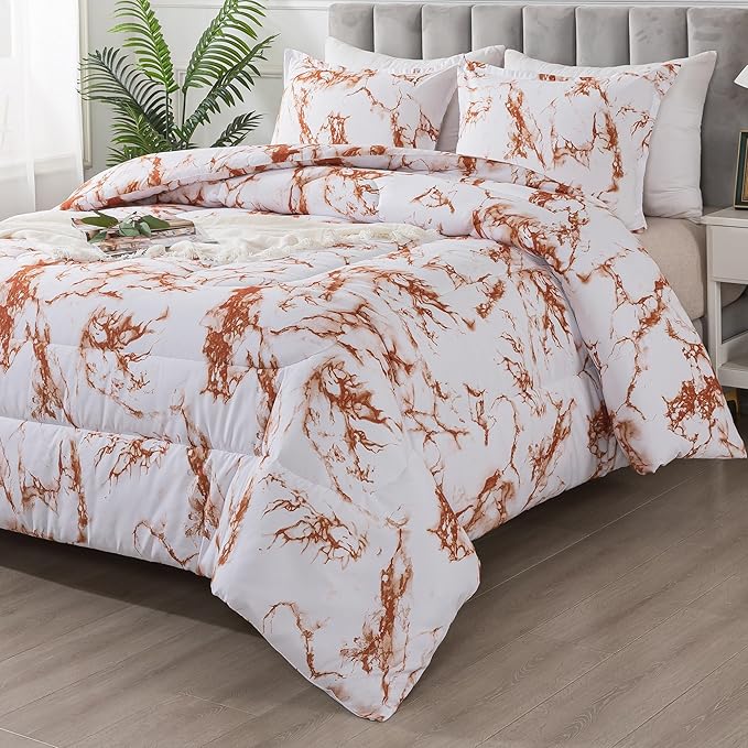Litanika Rust Marble Comforter Queen(90x90lnch), 3Pieces(1 Marble Comforter and 2 Pillowcases) Soft Microfiber Comforter Bedding Set for Men and Women - LeafyLoom