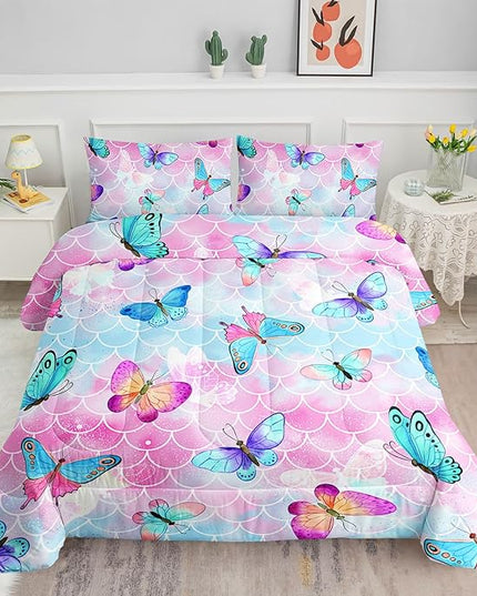 Datura home Kids Comforter Set Mermaid Scale Butterfly Printed Pattern Bedding Set with 1 Comforter and 2 Pillowcases for Girls Boys Bedroom All Season(Mermaid Full) - LeafyLoom
