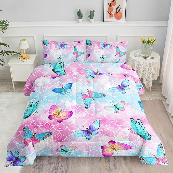 Datura home Kids Comforter Set Mermaid Scale Butterfly Printed Pattern Bedding Set with 1 Comforter and 2 Pillowcases for Girls Boys Bedroom All Season(Mermaid Twin) - LeafyLoom