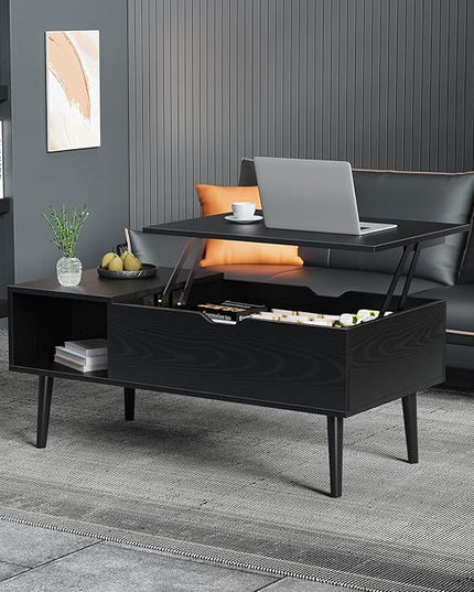 Sweetcrispy Coffee Table Black, Lift Top Coffee Tables for Living Room, Small Rising Wooden Dining Center Tables with Storage Shelf and Hidden Compartment - LeafyLoom