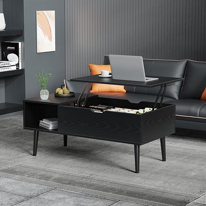 Sweetcrispy Coffee Table Black, Lift Top Coffee Tables for Living Room, Small Rising Wooden Dining Center Tables with Storage Shelf and Hidden Compartment - LeafyLoom