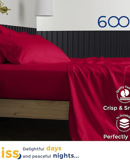 THREAD SPREAD 100% Egyptian Cotton Sheets California King Size - 600 Thread Count 4 PC Luxury Sheets Cal King Size, Soft, Cooling Hotel Luxury Bed Sheets & Pillowcases, Fits Mattress upto 18" - Red - LeafyLoom