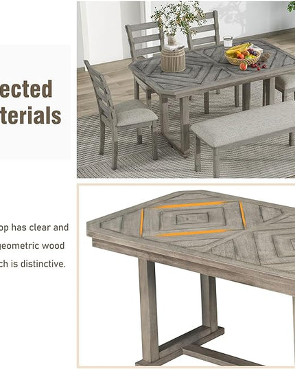 6-Piece Rubber Wood Dining Table Set with Beautiful Grain Pattern Tabletop Solid Wooden Veneer and Soft Cushion Chairs, for Kitchen, Diningroom, Living Room, Home Bar, Brown+Grey - LeafyLoom