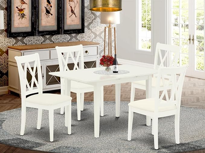 East West Furniture NOCL5-LWH-C 5 Piece Dining Set Includes a Rectangle Dining Room Table with Butterfly Leaf and 4 Linen Fabric Upholstered Kitchen Chairs, 32x54 Inch, Linen White - LeafyLoom