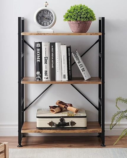 Bookshelf for Small Space, 3 Tier Wood Book Shelf and Bookcase with Metal Frame, Rustic Standing Unit Shelf Display Rack for Living Room/Home Office, Light Brown - LeafyLoom