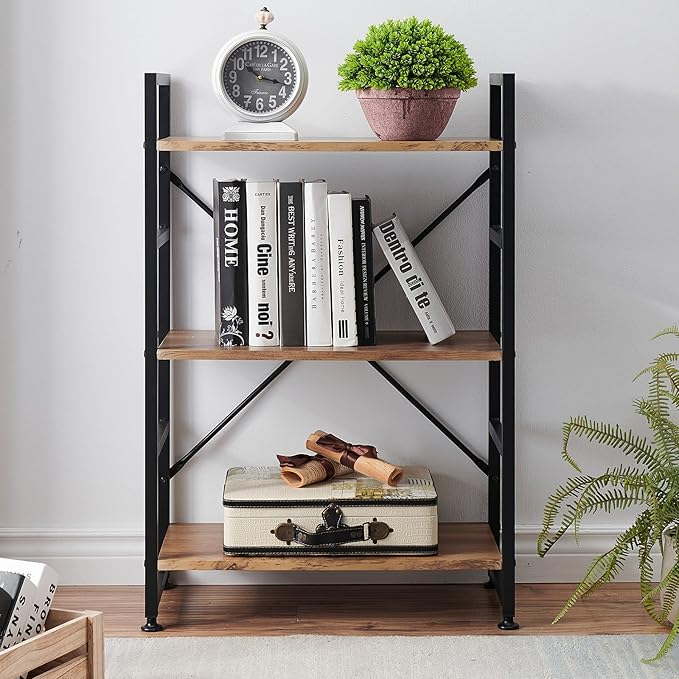 Bookshelf for Small Space, 3 Tier Wood Book Shelf and Bookcase with Metal Frame, Rustic Standing Unit Shelf Display Rack for Living Room/Home Office, Light Brown - LeafyLoom