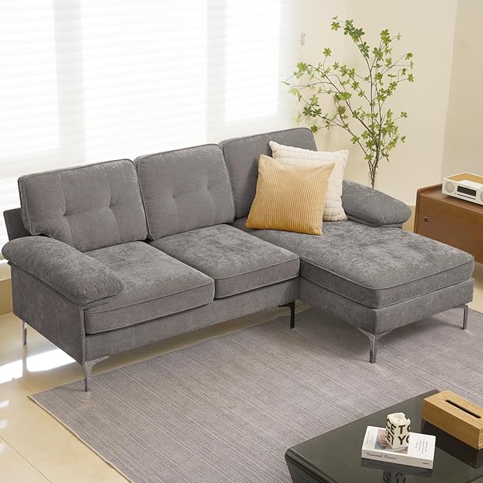 COHOME Convertible Sectional Sofa, 82-inch Modern Chenille L-Shaped Couch with Reversible Chaise Lounge,3-Seat Apartment Couch for Living Room with Washable Cover,Grey - LeafyLoom